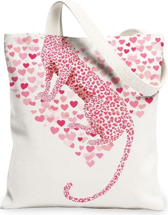 Generic Heart Pattern Canvas Tote Bags, Stylish Animal Print Reusable Shopping Bags, ValentineS Day Lightweight Washable Shoulder, White, 13x15 Inch