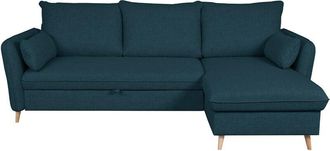 Miliboo Sof&aacute; Cama Con Chaise Longue 3-4 Plazas Con Canap&eacute; De Tela Azul Marino Y Madera Clara Driss