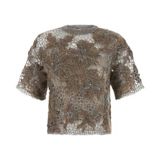 Brunello Cucinelli Tops, Dames, Bruin, L, Wol, Wollen T-shirt
