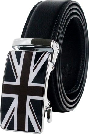 Generic QHA Mens Ratchet Leather Belt Union Jack British Flag Automatic Buckle Q53-Black-32-36
