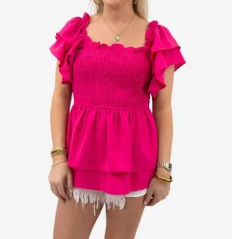 Bibi Layered Ruffle Sleeve Smocked Top In Fuchsia