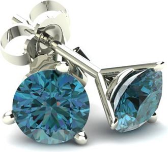 Pompeii3 75Ct Round Brilliant Cut Heat Treated Blue Diamond Stud Earrings in 14K Gold Martini Setting
