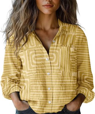 Generic Womens Bohemian Long Sleeve Shirt Gauze Button Down Blouse Loose Fit Casual Tunic Top for Fall