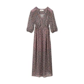 BA&SH Tunisian V-neck Midi Jurk - Dames - Maxi kleedjes - Blauw - L - Kleedjes