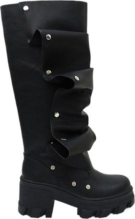 Generic Metal Accesory Pleated Long Boots Round Toe Hoof Heels Knee-High Rivet Water-Proof Platform Side Zipper Solid Female Shoe(Black,10.5US)