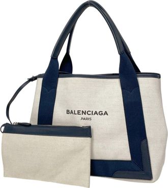 Balenciaga Navy Canvas Leather Handbag Pouch Tote Bag (Pre-Owned)