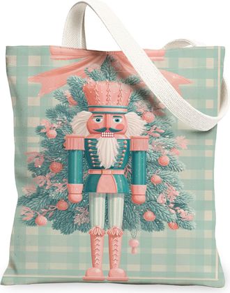 Generic Nutcracker Canvas Tote Bags, Festive Christmas Tree Design Reusable Grocery Bags, Vintage Lightweight Washable Shoulder Str, Mint Green, 13x15 Inch