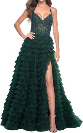 La Femme Ruffle Tulle Tiered Skirt Prom Dress In Dark Emerald