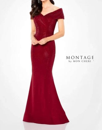 Montage by Mon Cheri Fit & Flare Gown With Off The Shoulder Sweetheart Neckline In Wine