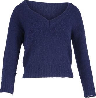 Reformation Knitted Deep V-Neck Sweater in Blue Wool
