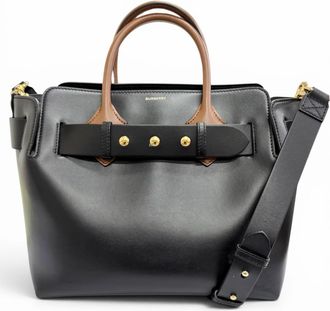 Burberry Black Brown Leather Cotton Polyester Shoulder Bag Tote Bag (Pre-Owned)