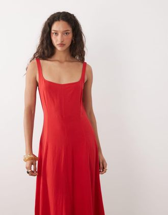 Asos Vestito lungo in misto lino rosso con cuciture a vista