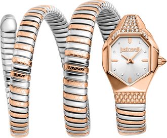 Just Cavalli Womens Snake Watch, Rose Gold Color Case, Silver Dial, Two Tone & Stainless Steel Bracelet - Size 22