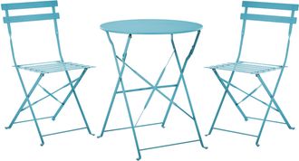 Beliani Conjunto De Balc&oacute;n 3 Piezas Patio Exterior Mesa Redonda Y Sillas Acero Azul Fiori