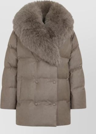 Yves Salomon wool silk double-breasted belted quilted puffer jacket