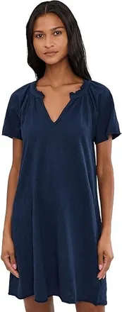 Mod-o-doc Short Sleeve Shirred Split-Neck Dress Womens Dress Vibrant Navy : LG (US 12-14), Cotton