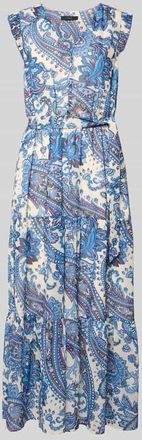 Oui Midikleid im Allover-Look mit Bindeg&uuml;rtel in Bleu, Gr&ouml;&szlig;e 40