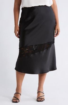 Renee C Satin & Lace Midi Skirt in Black at Nordstrom Rack, Size 2X
