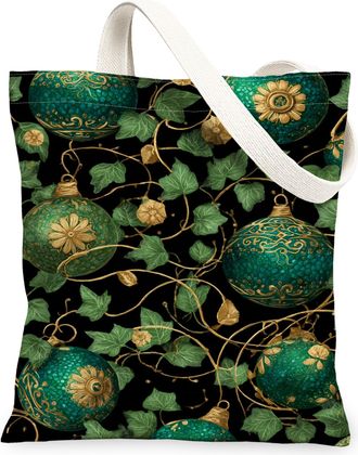 Generic Elegant Green Floral Canvas Tote Bags, Vintage Ornament Pattern Reusable Shopping Bags, Lightweight Washable Shoulder Strap, Green, 13x15 Inch