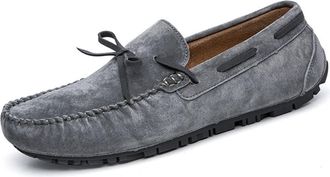 Generic Mens Loafers Shoe Deck Shoes Genuine Leather Stitching Details Round Toe 1-Eye Suede Vamp Slip Resistant Comfortable Flat Heel Prom Casual Slip-on(Gra