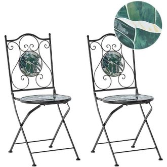Beliani Set di 2 sedie da esterno in metallo pieghevoli con motivo a mosaico verde e struttura in ferro nero Cozzana