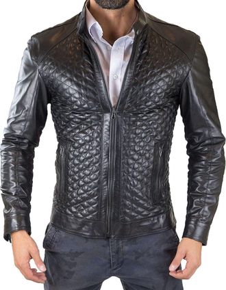 Rindway-IT Rindway Mens Slim Quilted Black Genuine Leather Biker Jacket, Small Rindway, S, Quilt (Autumn-Winter), Black, Black, S