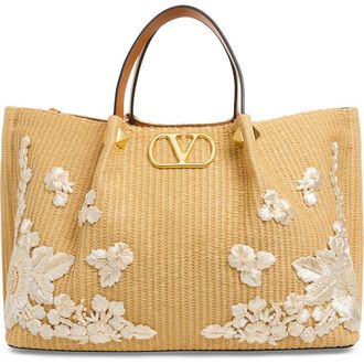 Valentino Garavani Medium VLOGO Signature Raffia Tote in Natural at Nordstrom