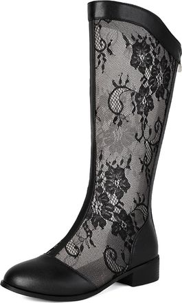 Generic Womens Knee-High Boots Lace Mesh Panel Round Toe Side Zip Chunky Low Heel Textured Trim Lightweight Comfortable Stylish for Fashion Casual,Black,4.5 U