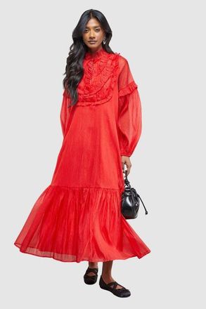 Warehouse Crinkle Stripe Frill Midi Dress in Red at Nordstrom, Size 10