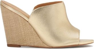 Kazar Gouden leren teenslippers met raffia hakken - Dames - Sleehakken - Geel - 41 EU - Leer - Schoenen