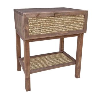 NATYAL Mesita de noche de madera en tono oscuro con balda y caj&oacute;n de yute