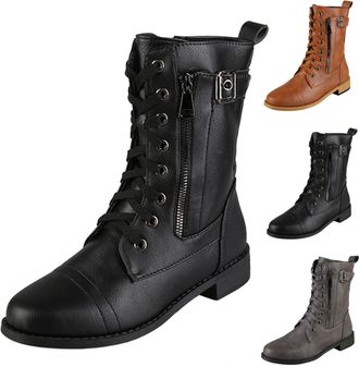 Generic Winter Boots For Women uk Womens Boots Half-Height Ankle Block Heel Lace-Up Autumn and Winter Leather Western with Side Zip Shoes Non-Slip Plain Casua