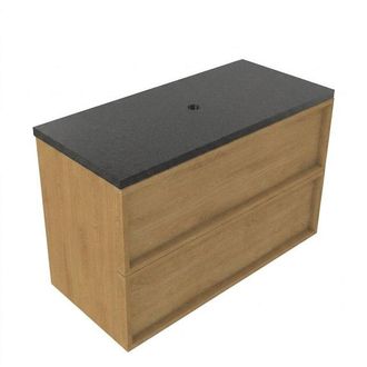 Saniclass Holz Frame Badkamermeubelset - 100x45x63cm - Noche basalten wastafelblad gepolijst (zwart) - zonder kraangat - 2 lades - mat eiken natural (hout)