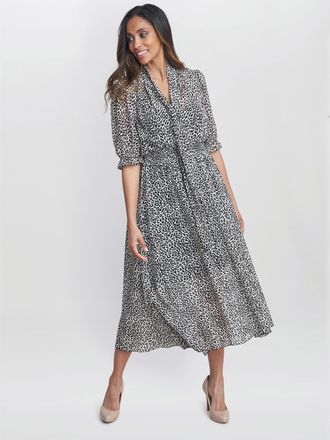 Gina Bacconi Womens Mimi Godet Pussy Bow Dress - Leopard - Size Medium