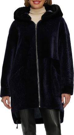 Gorski Genuine Shearling Hooded Long Coat, Reversible in Navy/blue at Nordstrom, Size X-Small