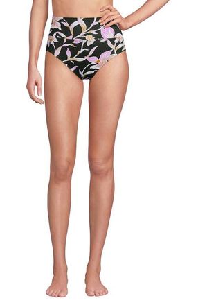Lands End Chlorine Resistant Pinchless High Waisted Bikini Bottoms in Tropic Floral/rich Olive at Nordstrom, Size 18