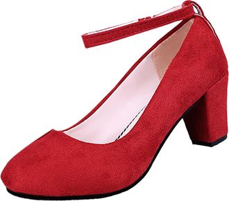 Generic Comfortable Shoes Women Summer Heels Platform Buckle Thick with Medium Heel Shallow Mouth Single Shoes Shoe Women Size 5 (Red, 5.5)
