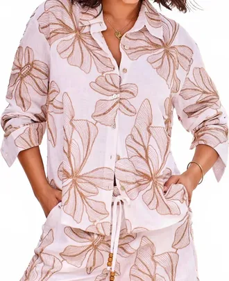 Tribal Long Sleeve Button Front Print Top In White