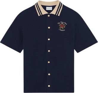 Dr&ocirc;le de Monsieur Chemise Piqu&eacute;e Slogan Rose - Heren - Korte mouwen Overhemden - Blauw - M - Katoen - Overhemden