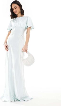 Six Stories Vestito lungo da damigella in raso blu ghiaccio con vita stile impero