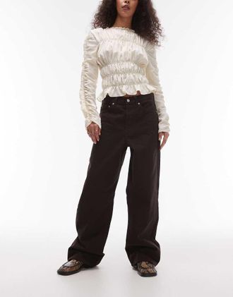 Topshop Jeans larghi a vita medio alta color marrone cioccolato