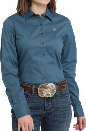 Cinch Womens Long Sleeve Button Down Shirt In Dark Teal Blue