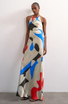 Topshop Cowl Halter Neck Open Back Maxi Dress in White Multi at Nordstrom, Size 10 Us