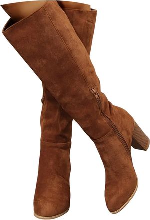 Generic Brown Knee High Boots, Long Boots for Women Wide Calf Boot Heels Stretchy Winter Shoe Suede Sexy Shoes Comfortable Leather Warm Brown 7