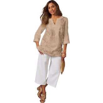 Jessica London Linen V Neck Embroidered Tunic in New Khaki Leaf Embroidery at Nordstrom, Size 12
