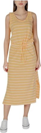 b.young Gestreepte Midi Jurk met Trekkoord Taille - Dames - Jurken - Geel - Maat: XS Katoen