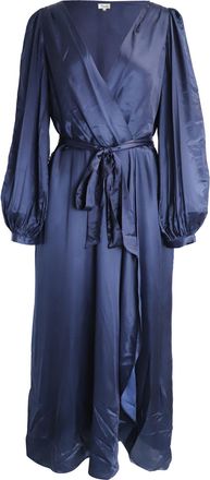 Temperley London Belted Maxi Wrap Dress in Navy Blue Viscose and Silk