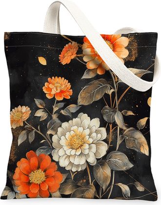 Generic Spring Japanese Zinnia Canvas Tote Bag for Shopping 13x15, Asia Chinese Japan Flower Reusable Grocery Print Pattern Bag for Women Men, Cool Floral Aes
