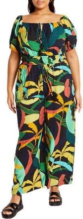 City Chic Erica Palm Print Wide Leg Jumpsuit in Barbados at Nordstrom Rack, Size Xxl/24W