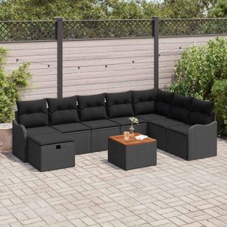 vidaXL Conjunto De Sof&aacute; De Jard&iacute;n Con Coj&iacute;n 9 Pcs Negro Polirat&aacute;n